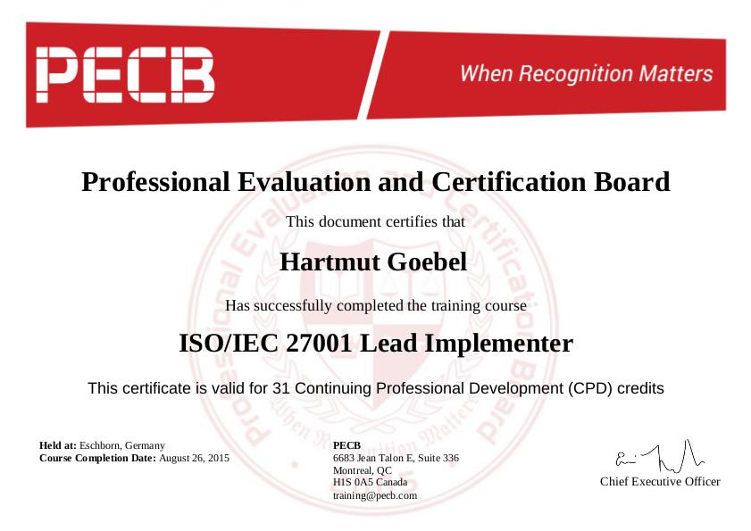 Bestätigung der bestandenen Prüfung zum „ISO 27001 Lead Implementer (PECB)“